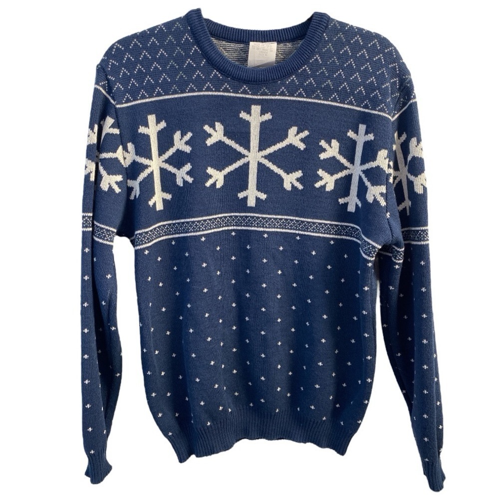 Vintage Navy Blue And White Snow Flake Crew Neck Ski Sweater Size XS/S
